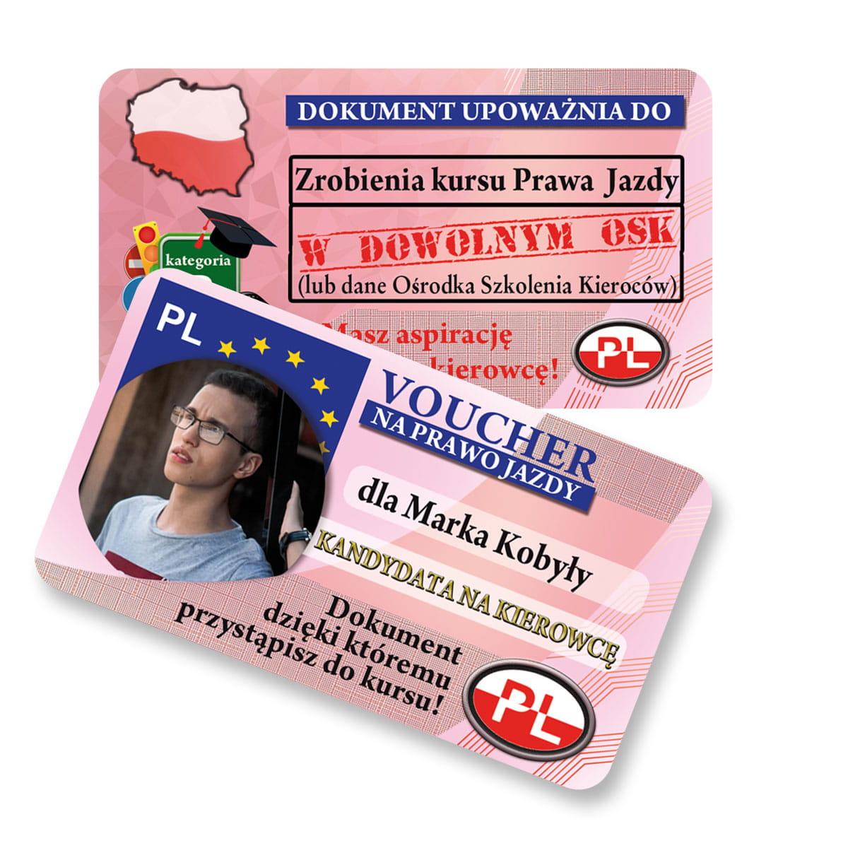 Voucher na kurs Prawo Jazdy ze zdjęciem, danymi OSK i kursanta